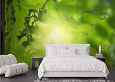 Close up view of green leaf on greenery blurred background and sunlight  in garden using for natural green plant ,ecology and copy space for wallpaper and backdrop. Wall mural