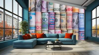 Closeup rolled of variety banknote and multi currency around the world. Exchange rate and Forex investment concept.-Image. Wall mural