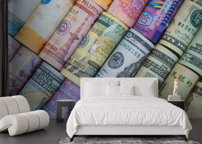 closeup rolled of variety banknote around the world. exchange rate and forex investment concept.-ima Wall mural