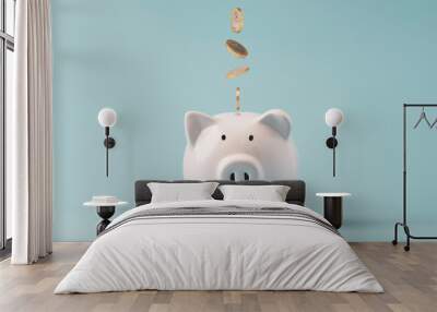 Coins falling to white piggy saving ,  Financial and money deposit concept. Wall mural