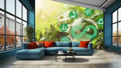 Crystal world on green grass with infinity symbol and environment ecology include reuse reduce recycle carbon reduction and alternative consumption energy for circular economy and sustainable concept. Wall mural