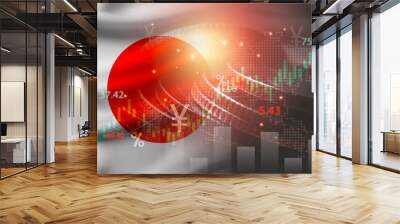 Double exposure of Japan flag on coins stacking and stock market graph chart .It is symbol of Japan high growth economy and technology. Wall mural