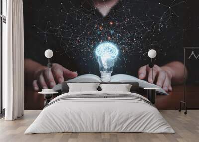 Glowing lightbulb with virtual brain on open book  and connection line for reading and education make smart or creative thinking idea concept. Wall mural