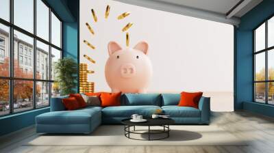 golden coins flying and floating to piggy bank for creative financial saving and deposit concept wit Wall mural