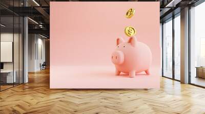 Golden coins putting to pink pink piggy save money on pink background for deposit and financial saving growth concept by 3d render. Wall mural