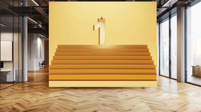 Golden number one with gold crown on the top of floor for champion or the winner on yellow background by 3d render. Wall mural