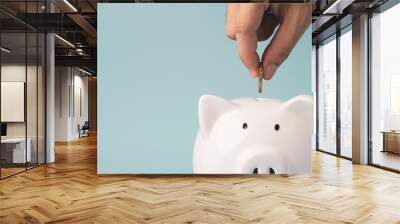 hand putting coin to white piggy bank saving on blue background and copy space , money saving for fu Wall mural