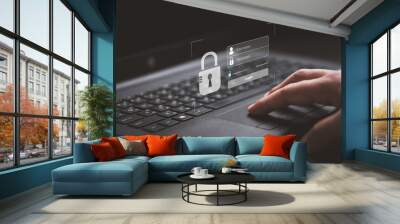 hand typing on keyboard laptop computer to input username and password for or technology security sy Wall mural