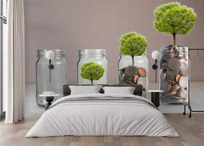 Money coins and tree growing in jar. Profit on deposit in bank and dividend for stock investment concept. Wall mural