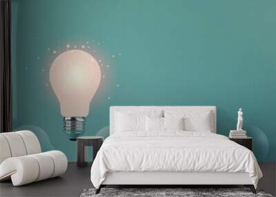 One of Lightbulb glowing among shutdown light bulb  in dark area with copy space for creative thinking , problem solving solution and outstanding concept by 3d rendering technique. Wall mural