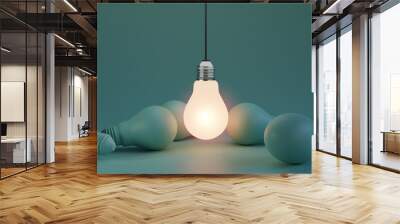 One of Lightbulb glowing among shutdown light bulb  in dark area with copy space for creative thinking , problem solving solution and outstanding concept by 3d rendering technique. Wall mural