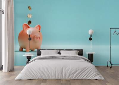 Pink piggy bank and US dollar coins falling on blue background for money saving and deposit concept , creative ideas by 3D rendering technique. Wall mural