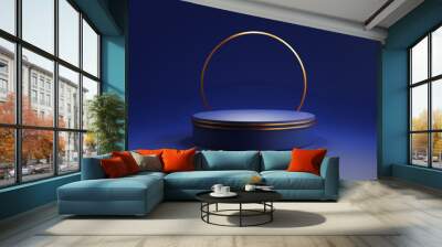 Round blue podium pedestal with gold circle for product showing and display by 3d rendering technique. Wall mural