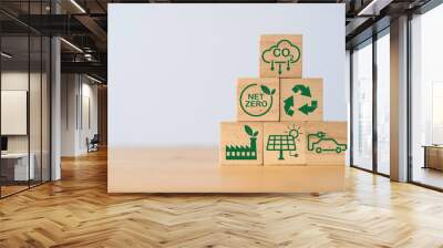 Stacking CO2 reducing ,Recycle ,Green factory icon for decrease CO2 , carbon footprint and carbon credit to limit global warming from climate change, Bio Circular Green Economy concept. Wall mural