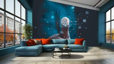 Thumbs up with virtual fingerprint to scan biometric identity and access password thru fingerprints for technology security system and prevent hacker concept. Wall mural