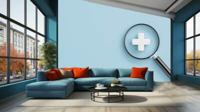 White plus sign inside of magnifier glass with copy space for focus positive mindset  , Healthcare and value added concept by 3d render illustration. Wall mural