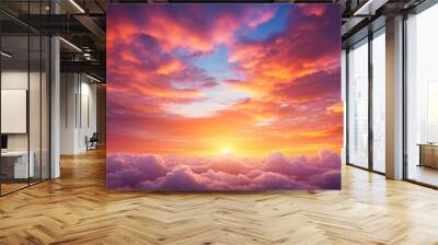 Beautiful sunset at the lake with greenery on the coast and amazing cloudy sky Wall mural