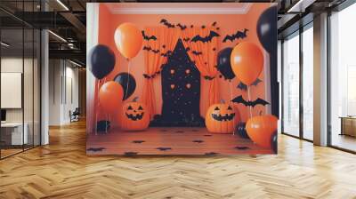 Extraordinary Interior of living room halloween background with pumpkins Wall mural