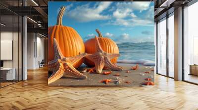 Eyecatching Pumpkins Halloween on a beach with starfish and seashells on the seashore at sunset Wall mural