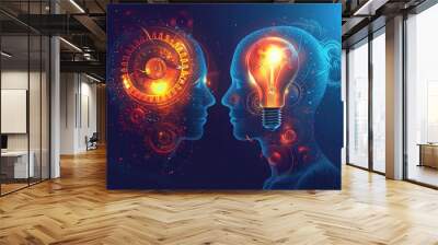 Glorious two human heads made of gears with light bulb shape inside Wall mural