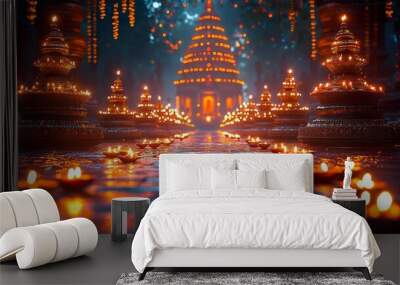 A detailed shot of an Indian temple illuminated with diyas and lights for Diwali Wall mural