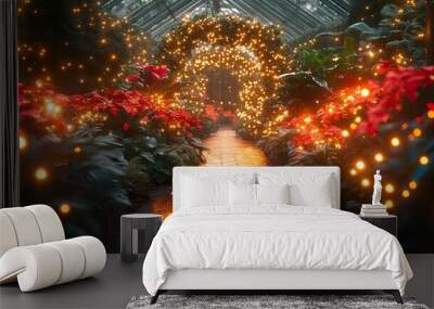 A festive botanical garden with holiday lights illuminating winter plants Wall mural