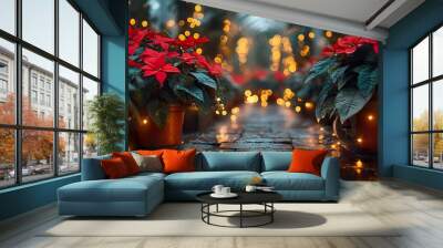 A festive botanical garden with holiday lights illuminating winter plants Wall mural