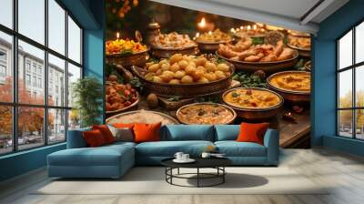 A festive Diwali dinner table set with traditional Indian dishes Wall mural