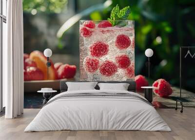 A refreshing glass of berry infused sparkling water with ice and fresh fruit slices set on a summer table Wall mural