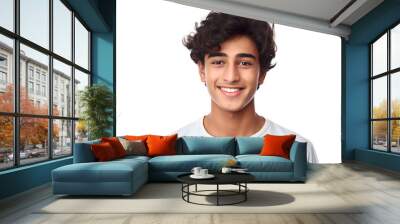 Indian teenage boy grinning alone against a stark white background Wall mural