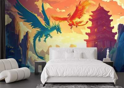 Majestic Dragon and Phoenix Soaring Above Ancient Temple Wall mural