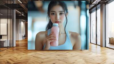 Young Asian Woman Consuming Diet Meal Replacement for Weight Loss Wall mural