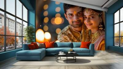 Young Indian couple in traditional attire celebrating Diwali Wall mural