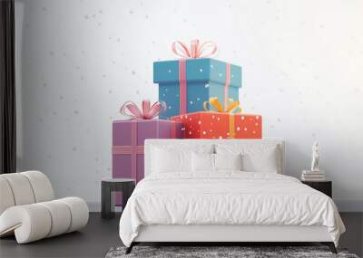 A collection of perfectly wrapped Christmas gift boxes with decorative ribbons and bows, set against a white backdrop. For Christmas gift banners. Wall mural