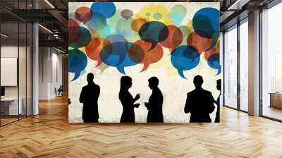 Illustration of a group of people in silhouetted style engaged in conversation, vibrant color-talking bubbles over them. For communication concepts. Wall mural