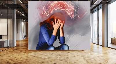 Illustration of a woman sitting on the ground in a sad mood. Irregular scribbles on her head symbolize her stressful mind. For female stress concepts. Wall mural