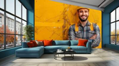 happy constructor in a solid yellow background Wall mural