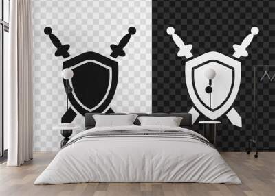 Shield and two swords silhouette icon, vector glyph sign. Shield and two swords symbol isolated on dark and light transparent backgrounds. Wall mural