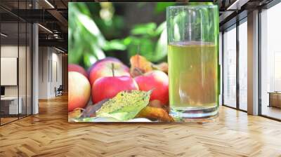 organic fresh beautiful red apples in a village in a garden on a wooden surface on a stump with a glass of juice or cider Wall mural