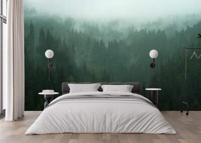 Misty landscape with fir forest in hipster vintage retro style Wall mural