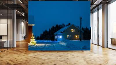 A lonely house in a pine forest in winter Wall mural