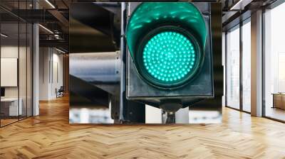 Green traffic signal signal. Singapore. Close up Wall mural