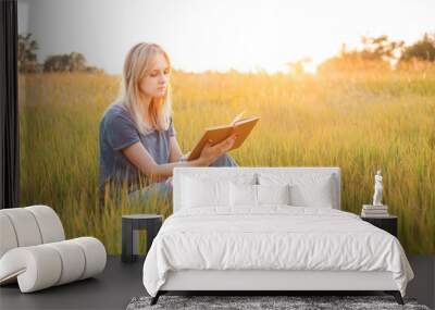 Happy young woman sitting on the grass and reading the book Wall mural