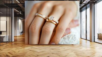 Close-up of two hands with wedding rings on white background. Generative AI Wall mural