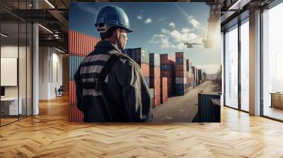 Dock Worker Supervising Cargo Containers. Port worker looking at a stack of containers. Generative AI Wall mural