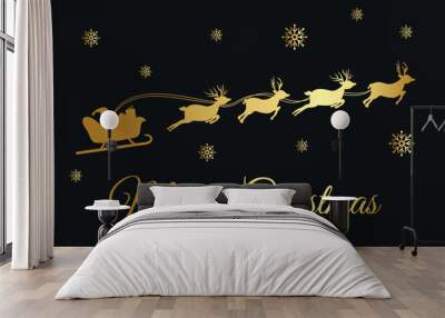 Golden silhouette of Santa on a sleigh with reindeer. Congratulatory text “Merry Christmas”. Vector on black background Wall mural