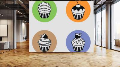 Icons with cupcakes. 4 pieces. Vector on a gray background Wall mural