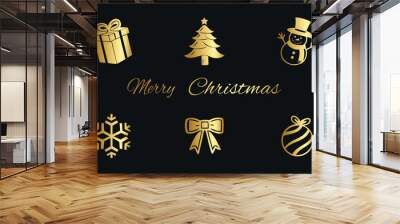 Set of golden icons on the theme of Christmas with congratulatory text. Vector on black background Wall mural