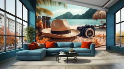 Summer vacation concept. Vacation Background with Hat. Generative AI Wall mural