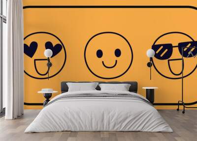 Three outline emoticons in a black frame. Vector on a yellow background Wall mural